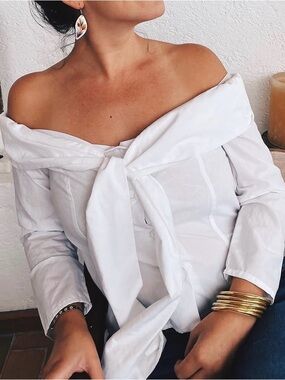 White Cotton Poplin Off Shoulder Long Sleeve Tie Button Blouse Women Size S